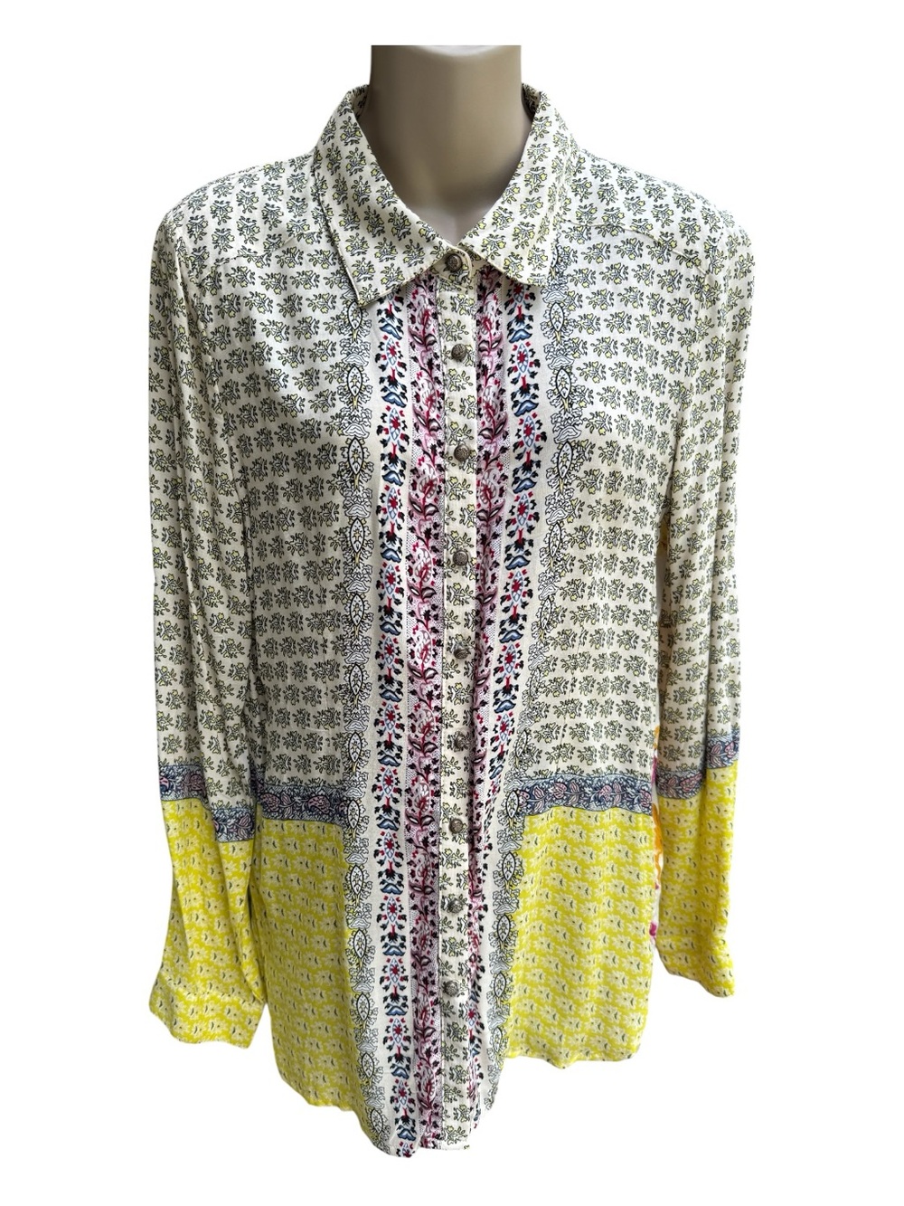 ARATTA SILENT JOURNEY yellow floral mixed print boho button up shirt S